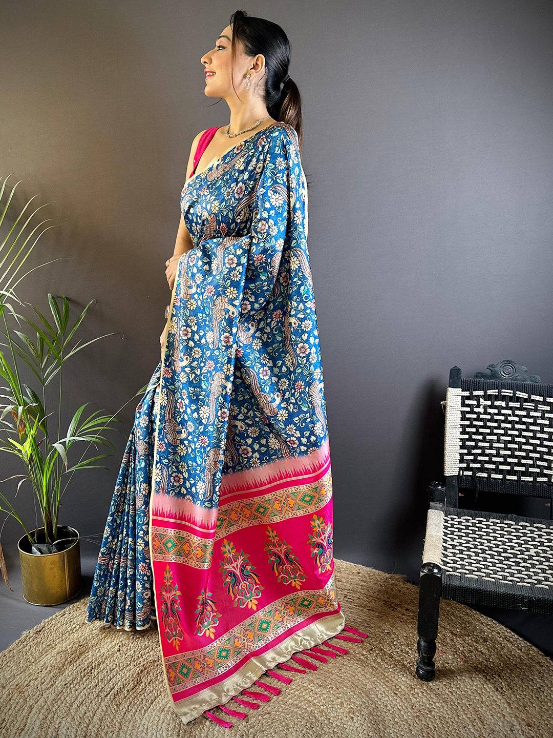 Steel Blue Kalamkari Floral Print Gamthi Saree