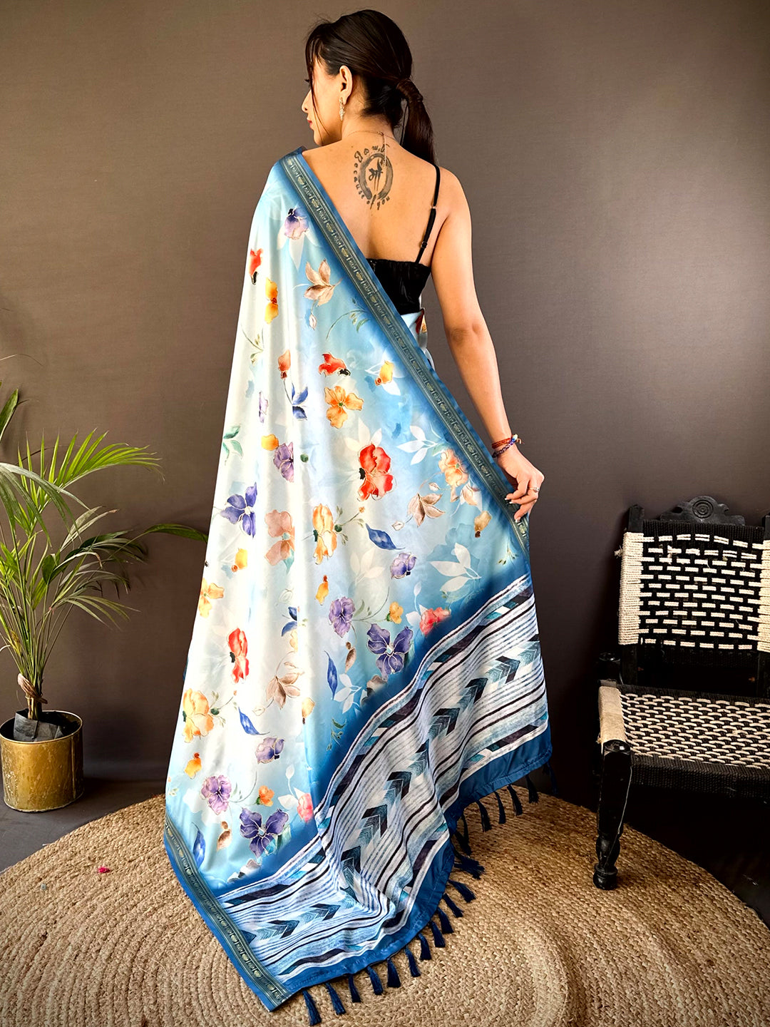 Aqua Floral Digital Print Silk Saree