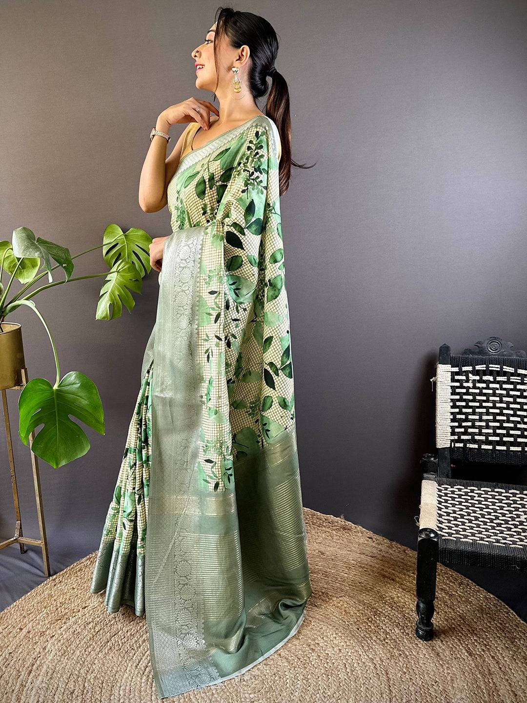 Leaf And Check Light Green Viscose Saree