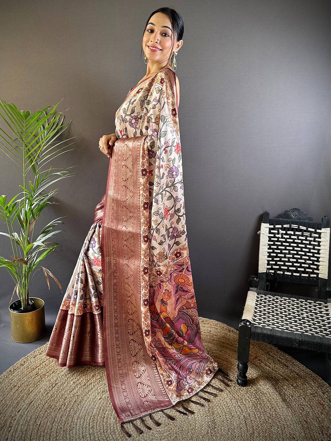 Beige Floral Kalamkari Print Saree