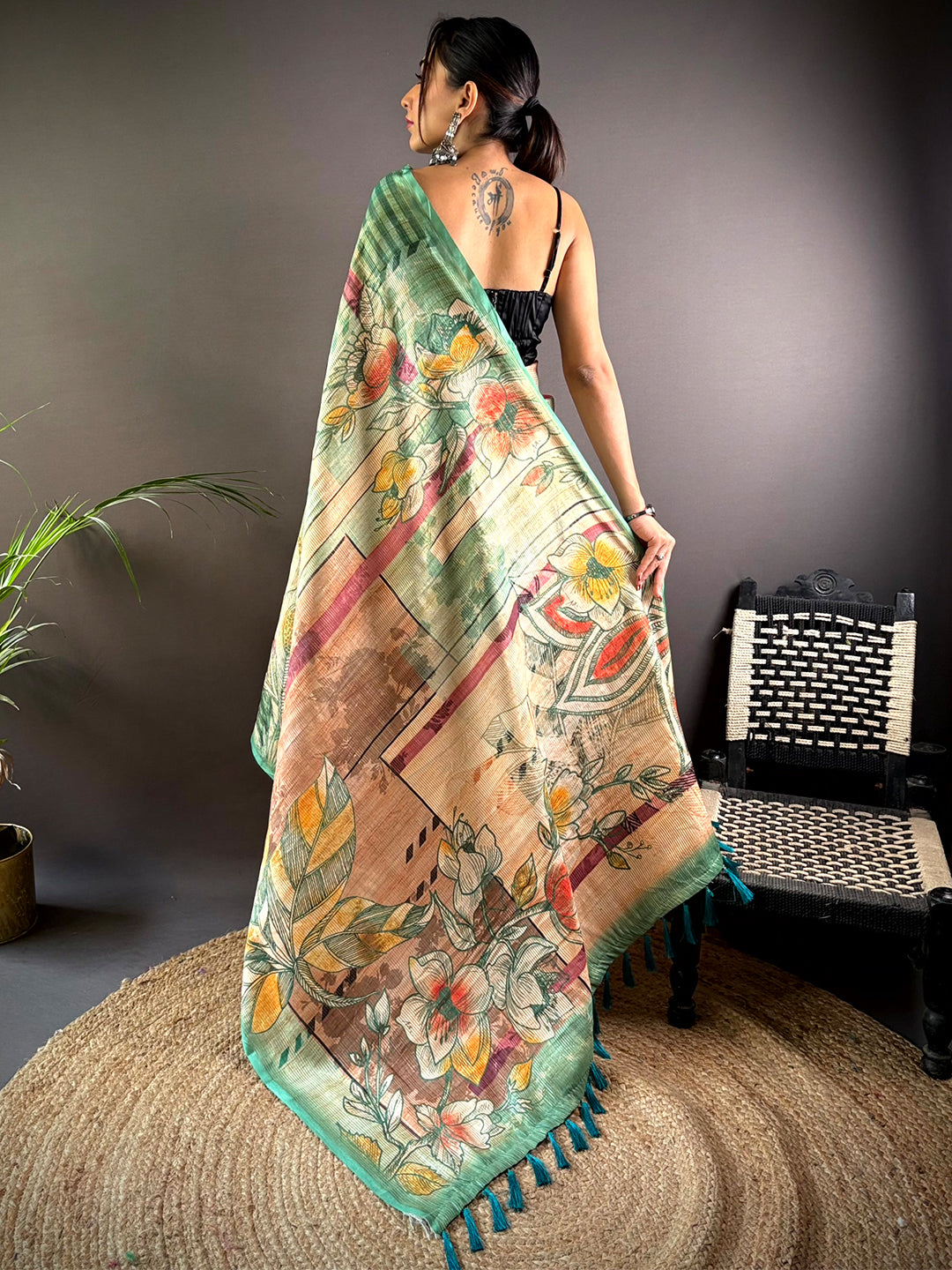 Steel Blue Tussar Silk Lush Botanical Prints Saree