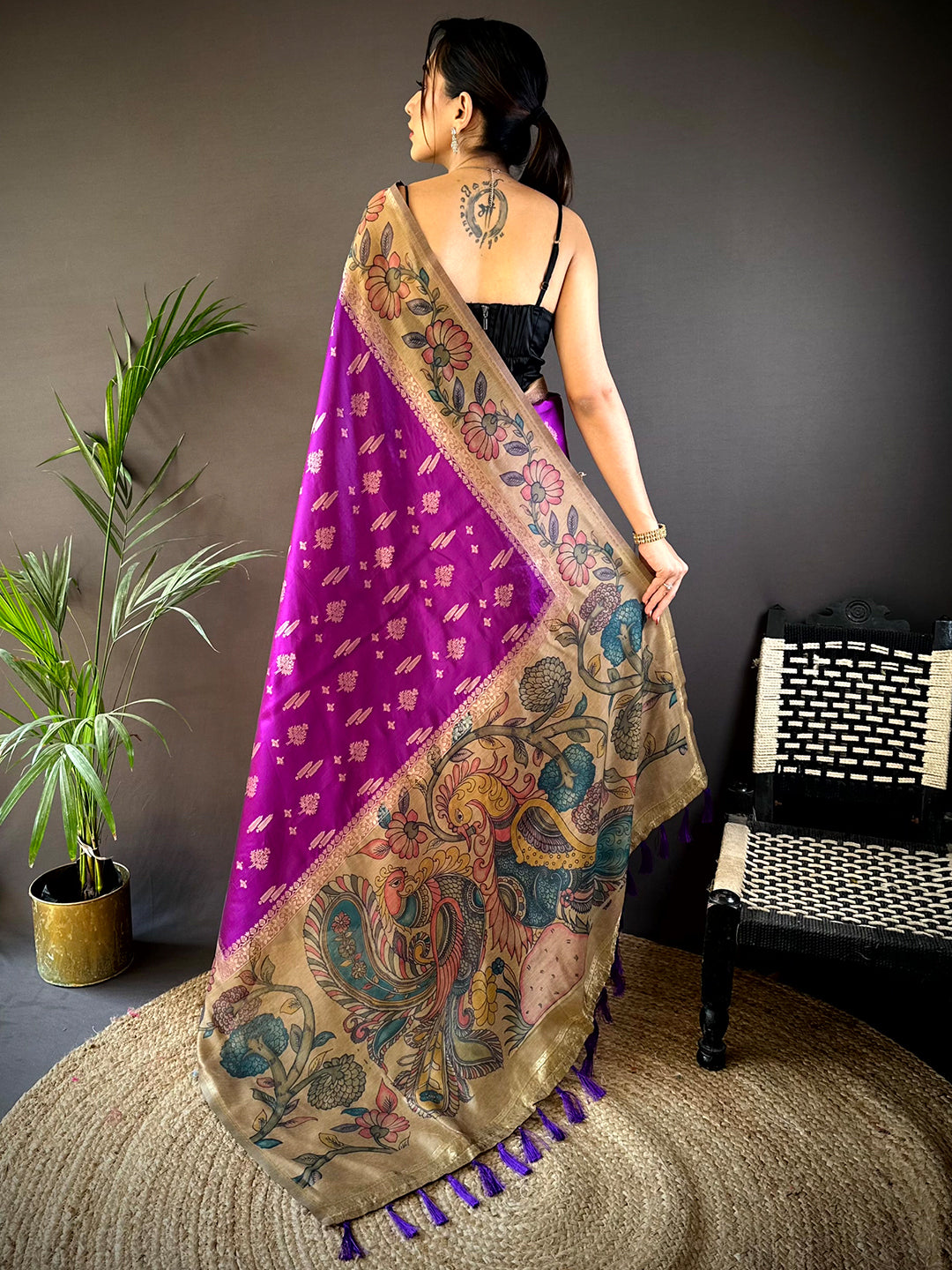 Purple Soft Silk Kalamkari Printed Pallu Saree