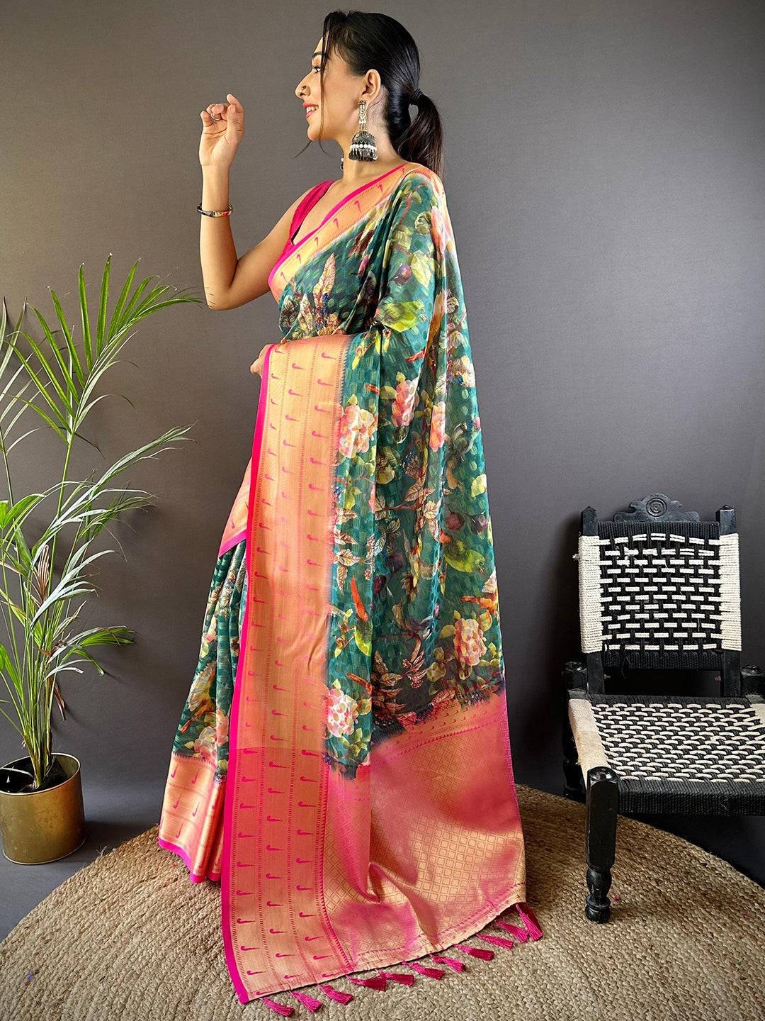 Teal Paithani Kora Silk Saree