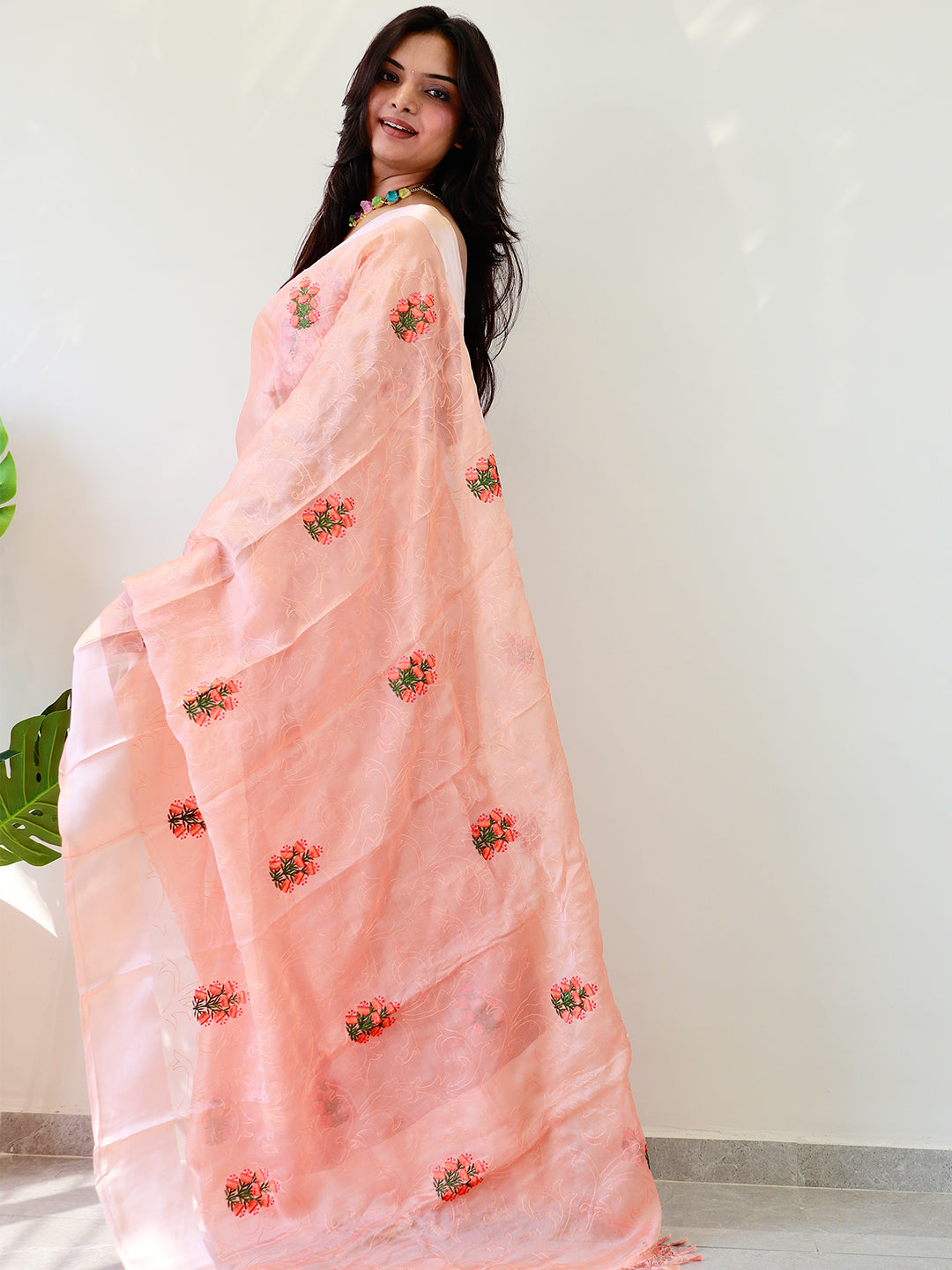  Stylish Soft Chiffon Satin Saree With Flower Embroidery