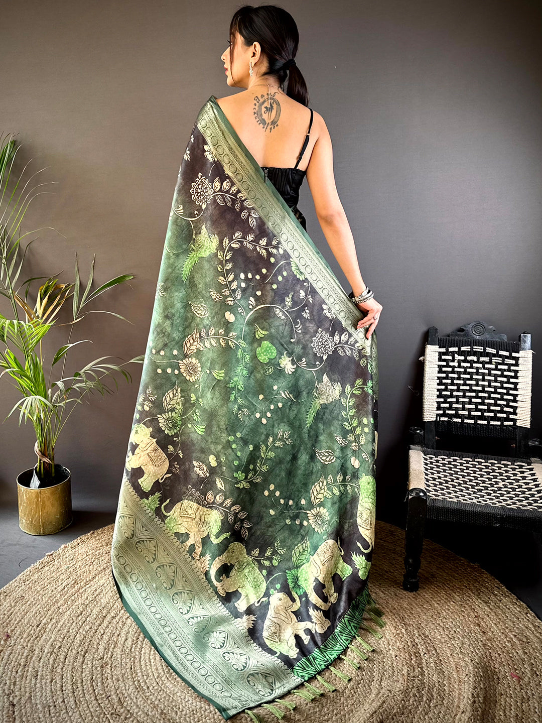 Green Soft Silk Animal Bandhej Saree