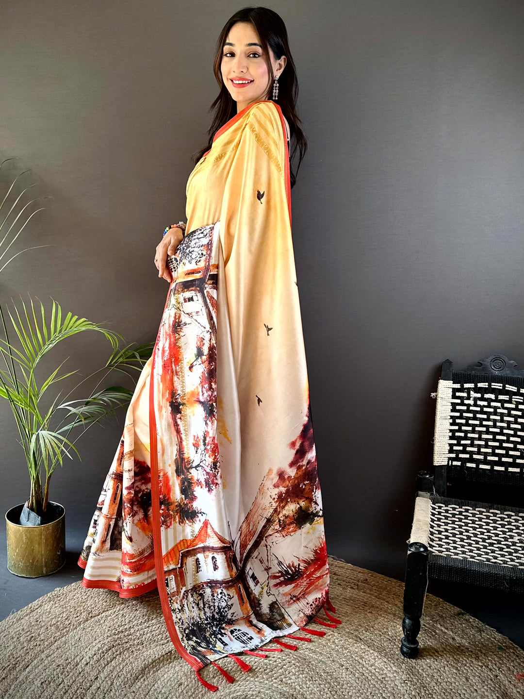 Yellow Japanese Freehand Digital Print Saree