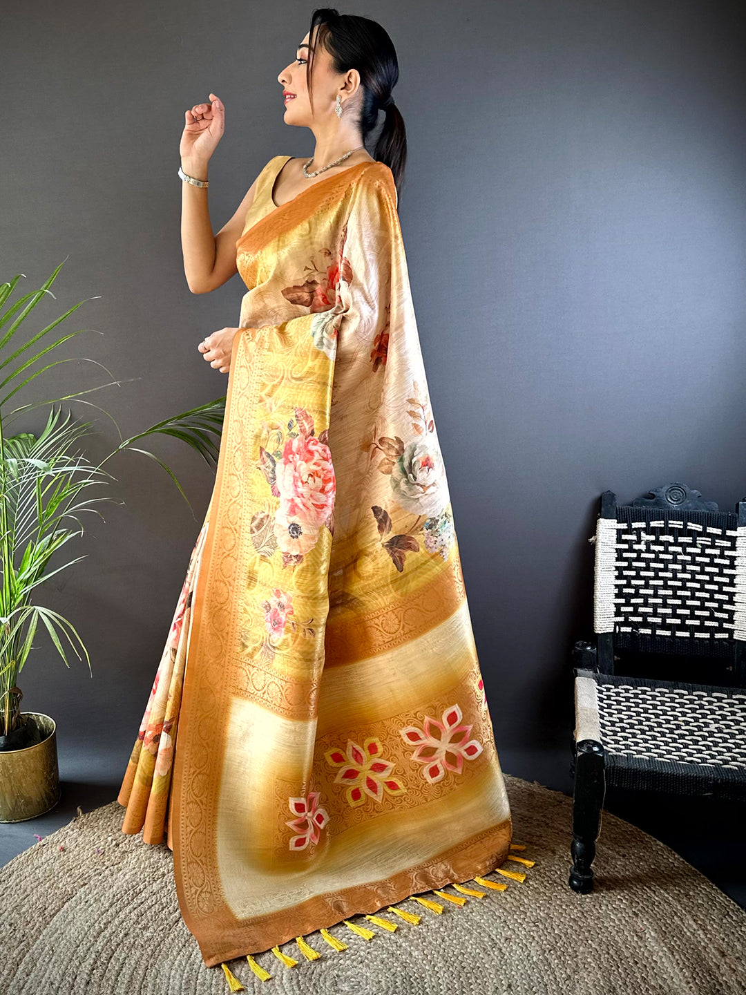 Yellow Banarasi Digital Floral Printed Saree