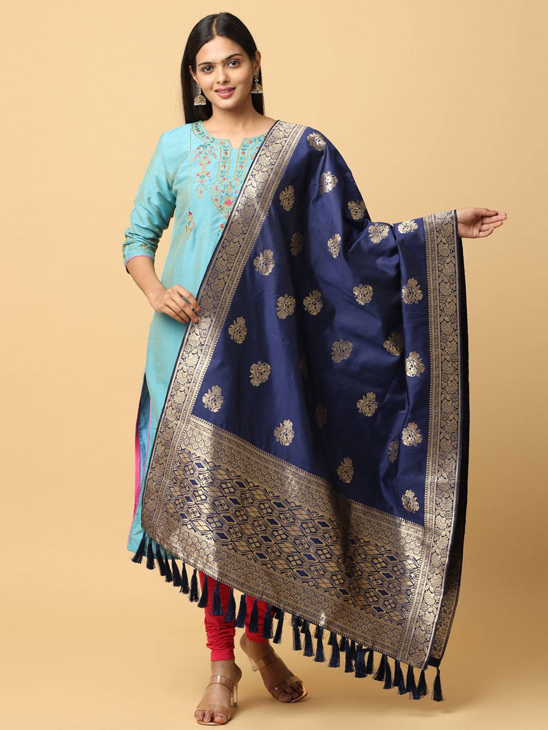 Navy Silk Blend Woven Design Dupatta