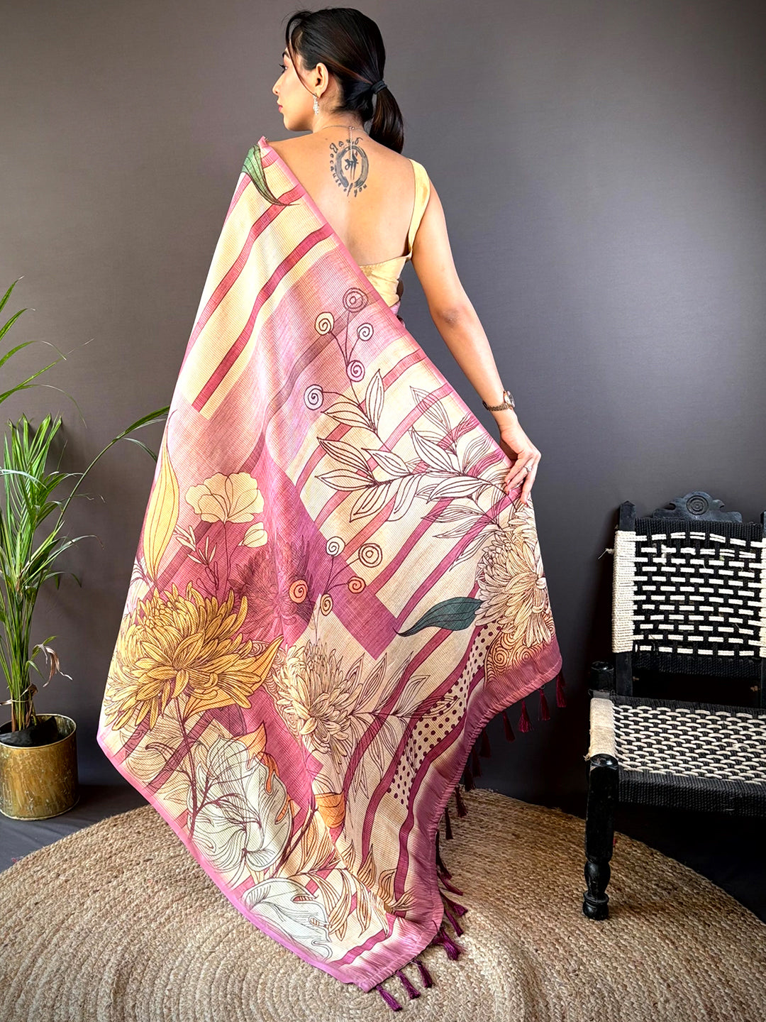 Burgundy Tussar Silk Floral Prints Saree