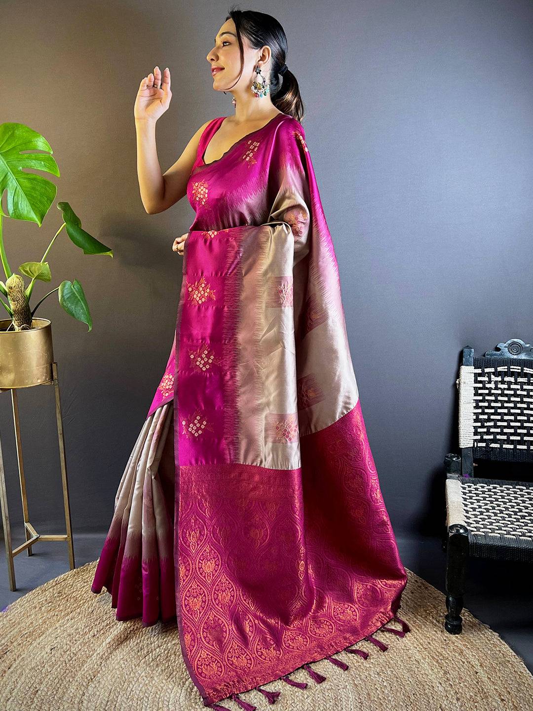 Model showcasing magenta Banarasi Tussar silk saree with detailed patterns.