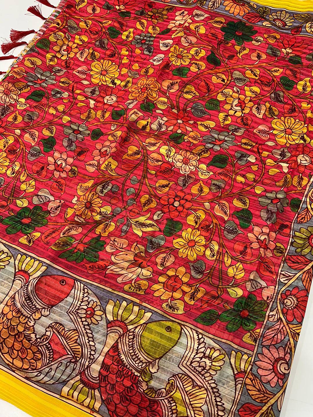 Rose Red Pen Kalamkari Linen Saree