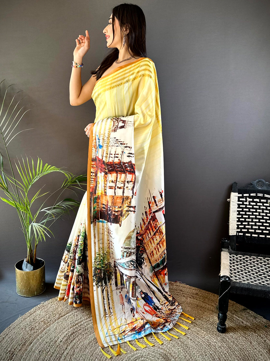 Lime Yellow Japanese Freehand Digital Print Saree