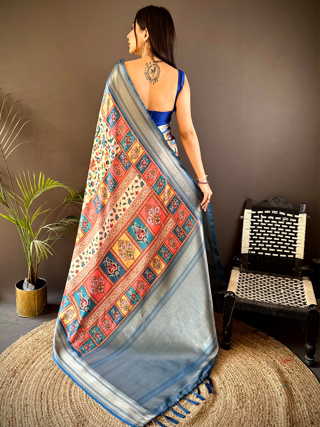 Blue Mughal Kalamkari Print Pashmina Saree