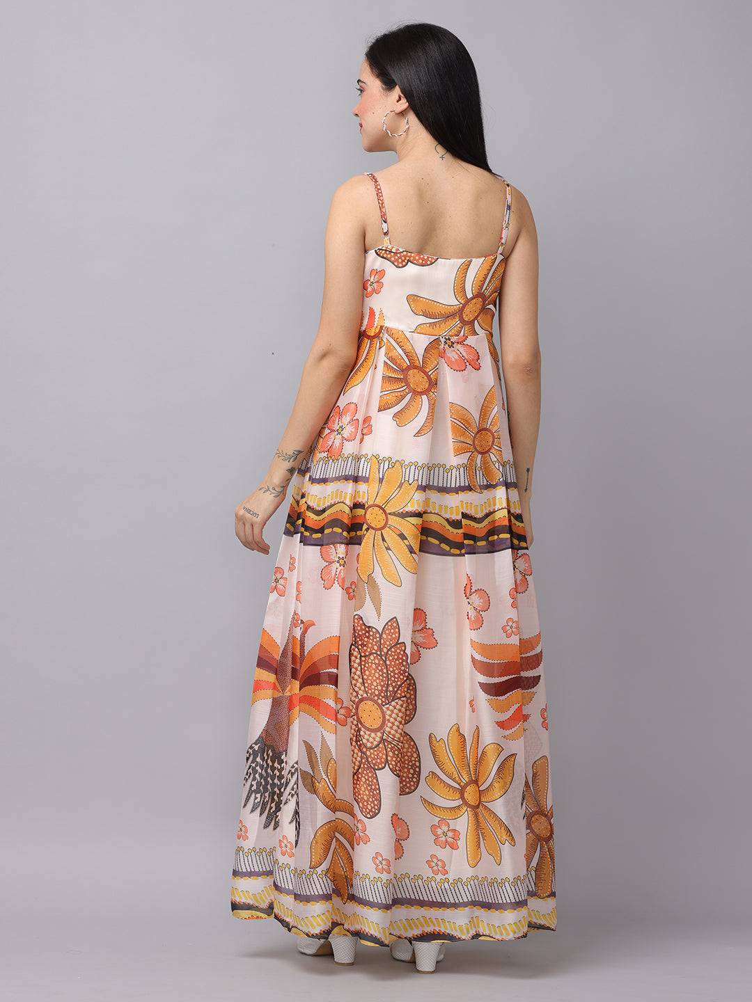 Off white chiffon print dress with floral design, back view