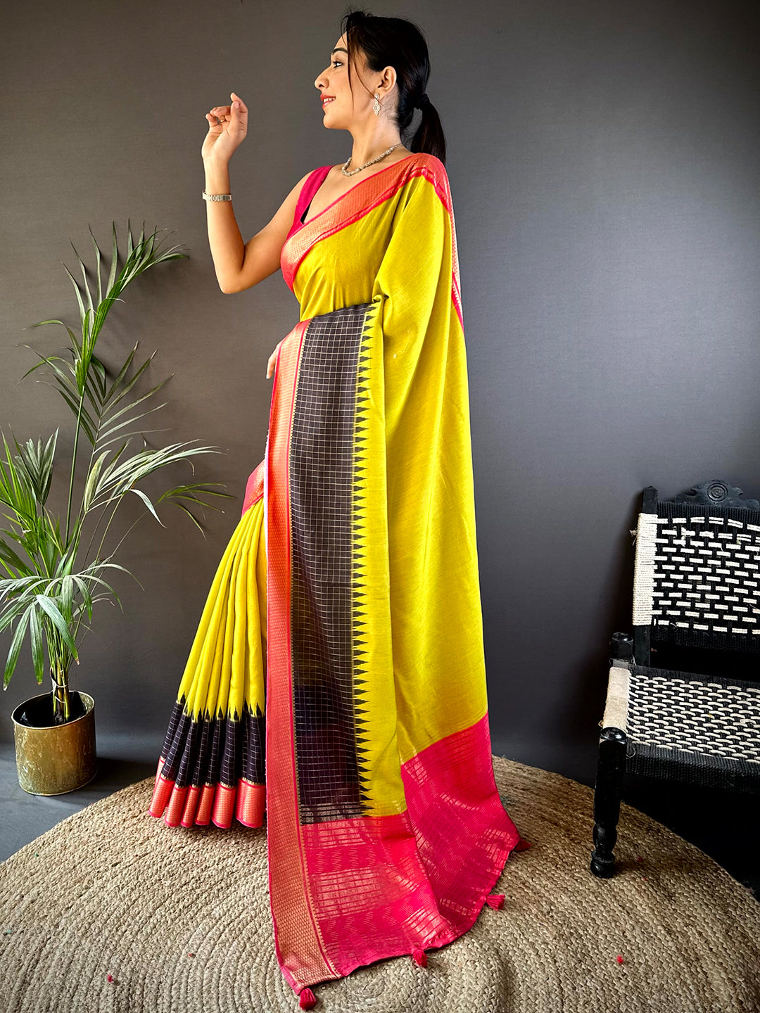 Lemon Yellow Zari Pallu Cotton Viscose Saree