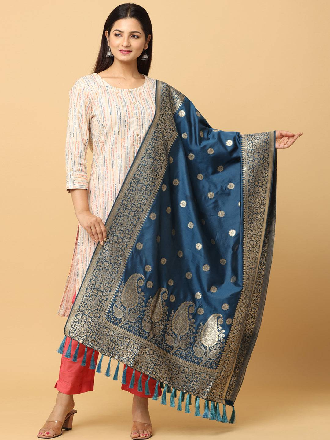 Silk blend teal dupatta with intricate woven design.