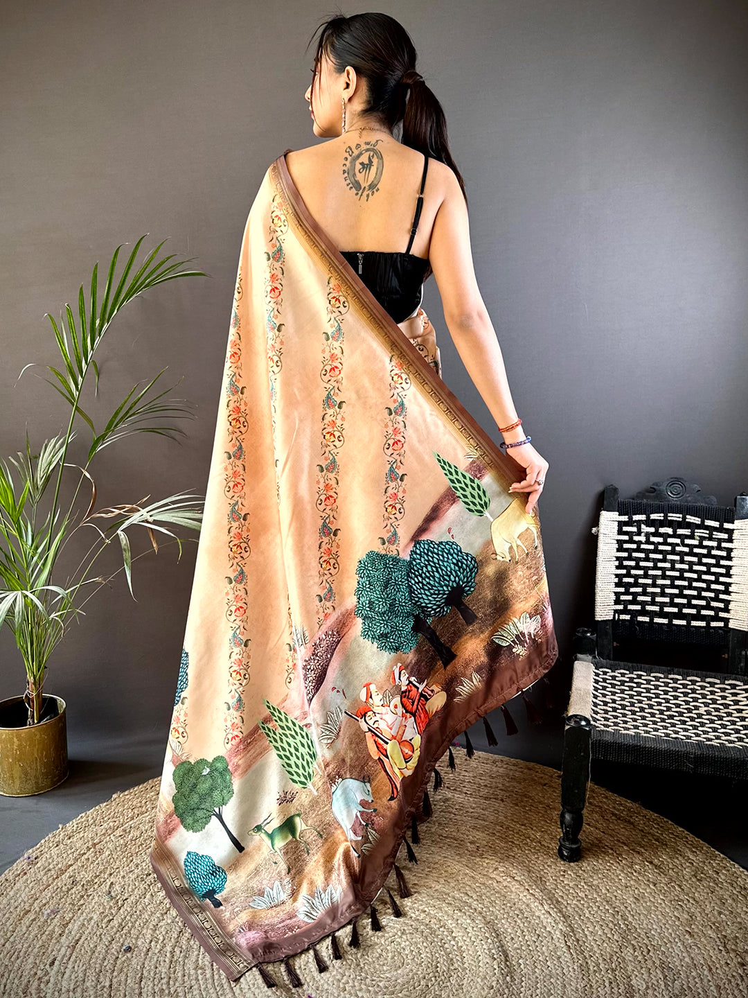 Peach Jungle Printed Silk Saree