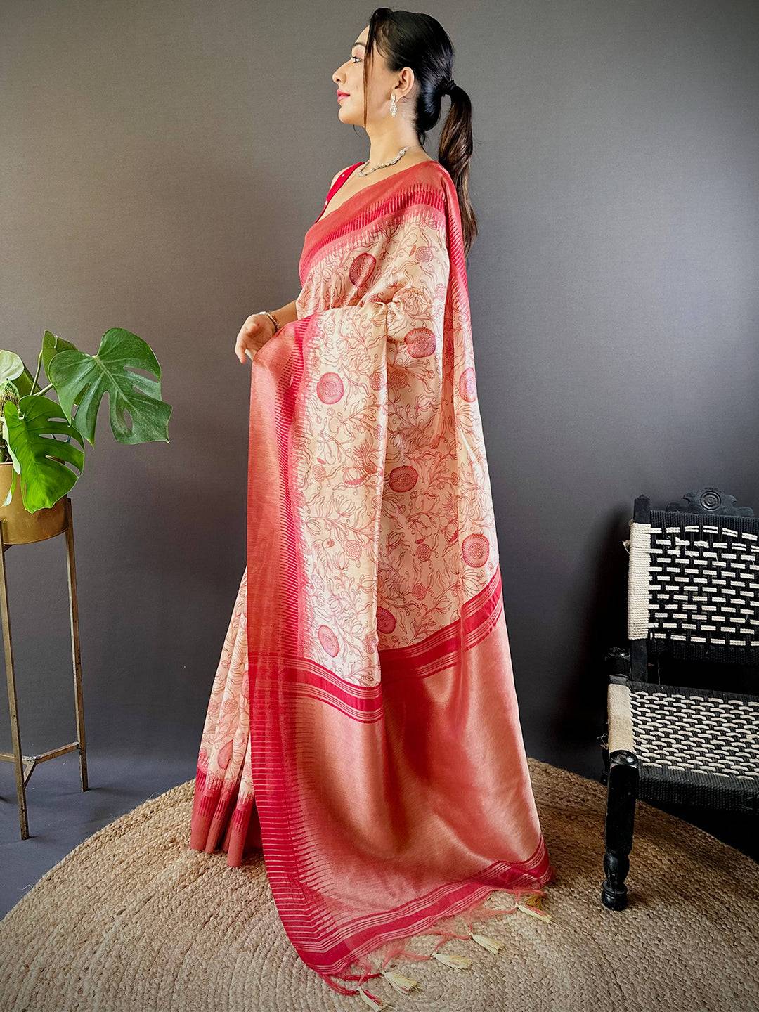 Pink Floral Tussar Silk Saree