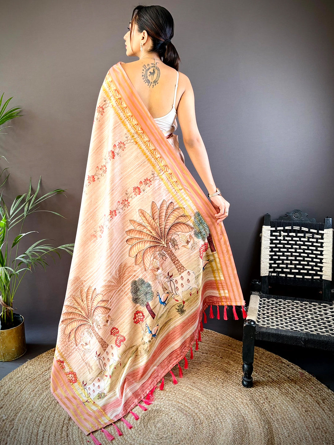 Elegant Soft Silk Rust Pichwai Prints Saree