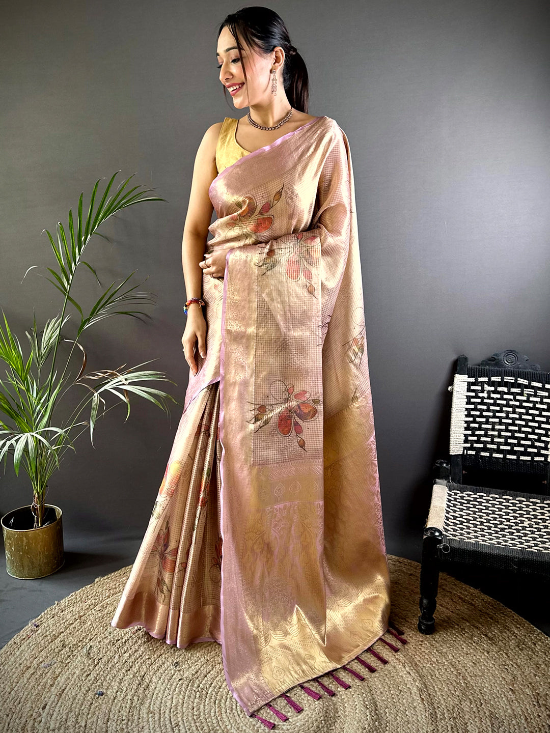 Stylish Wine Self Gold Zari Floral Print Saree