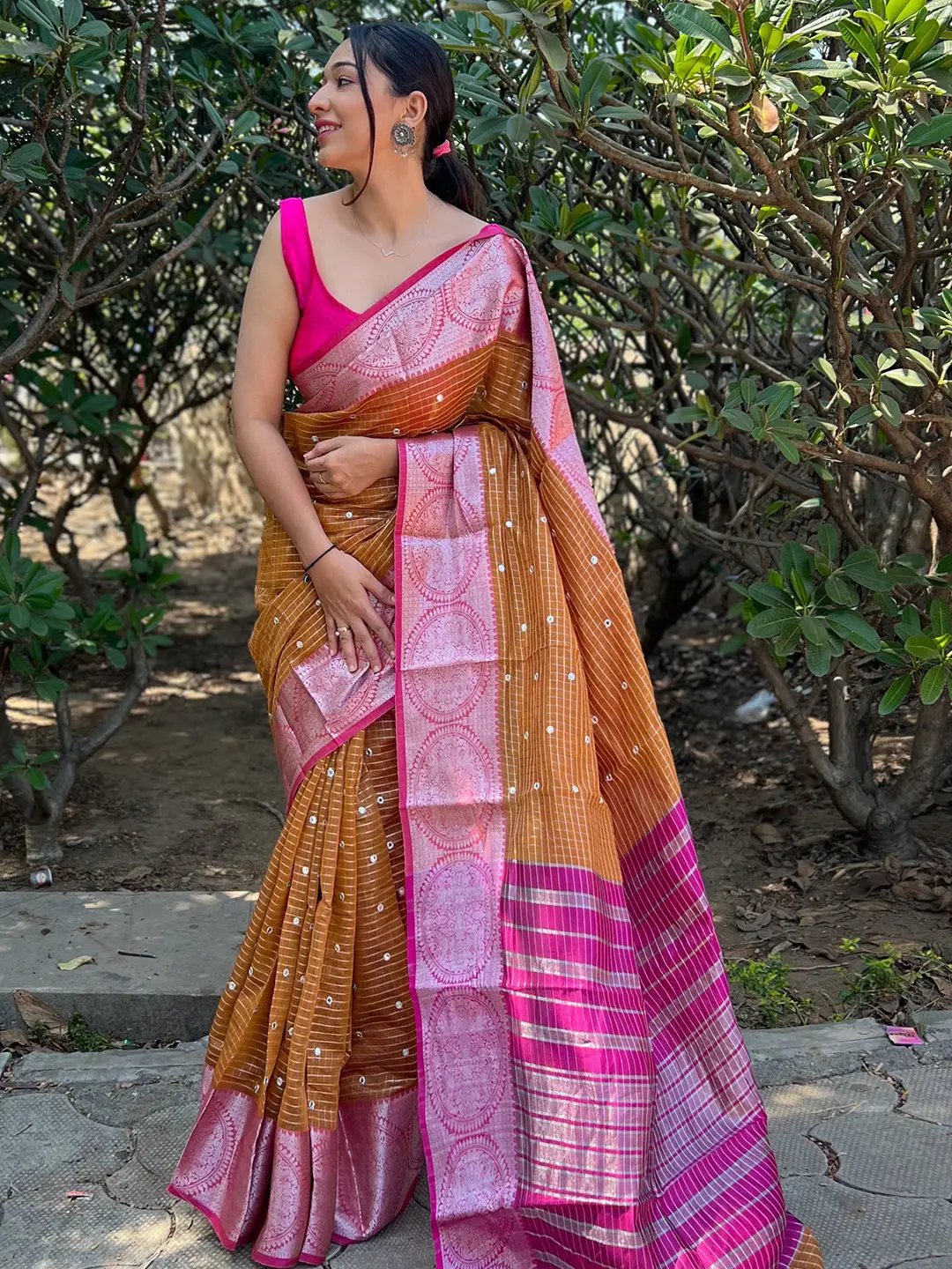 Mustard Colour Cotton Checked Woven Design Saree