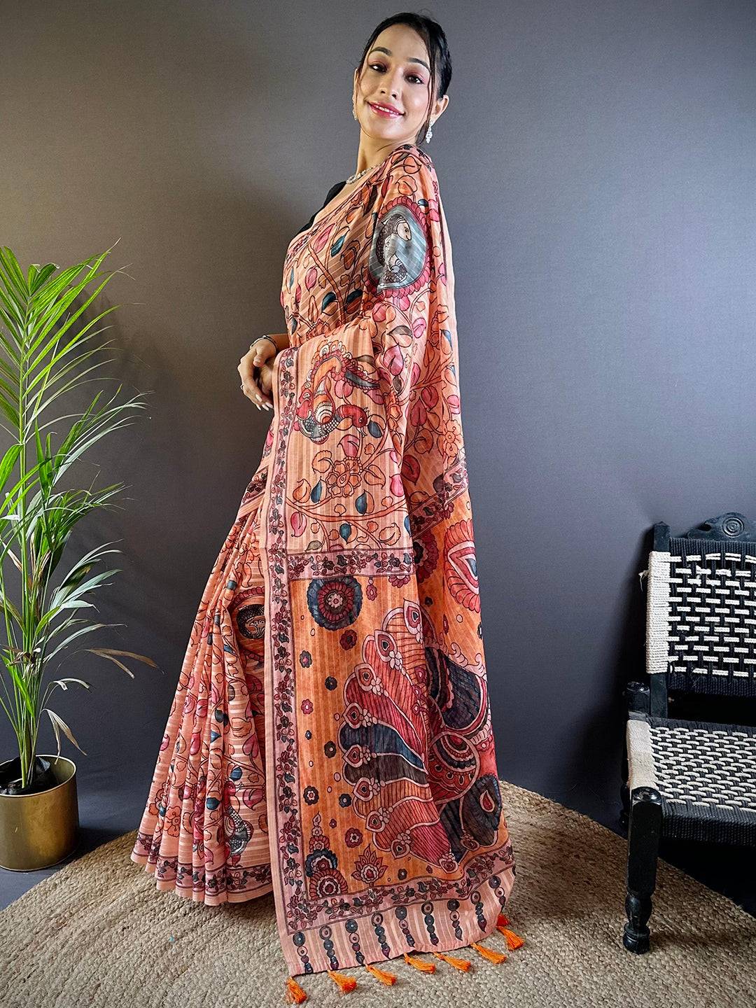 Peach Blossom Kalamkari Saree