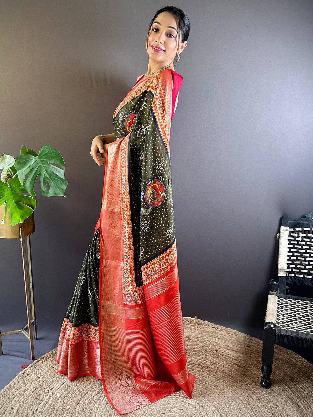 Olive Bloom Dola Silk Bandhej Saree