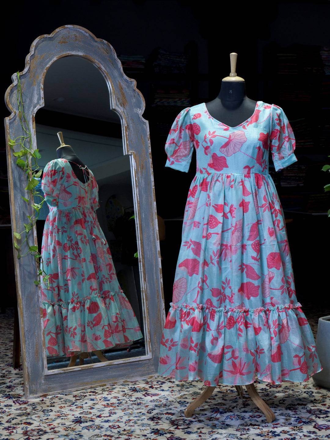 Ocean Blue Abstract Print Dress on mannequin with mirror