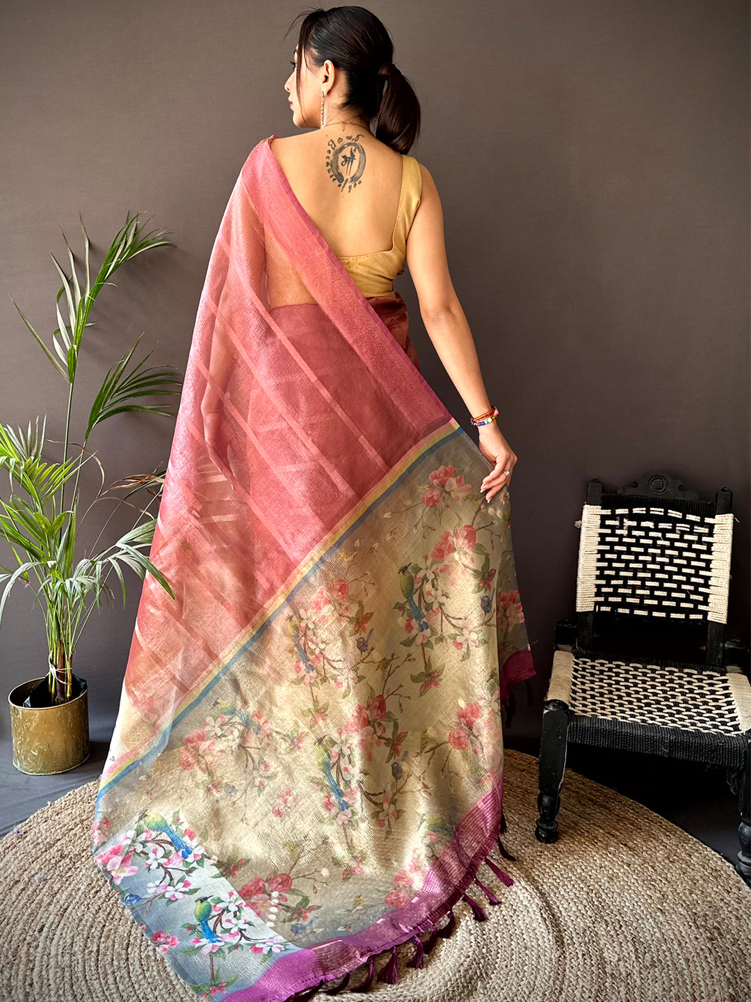 Wine Ombre Zari Tissue Digital Print Saree