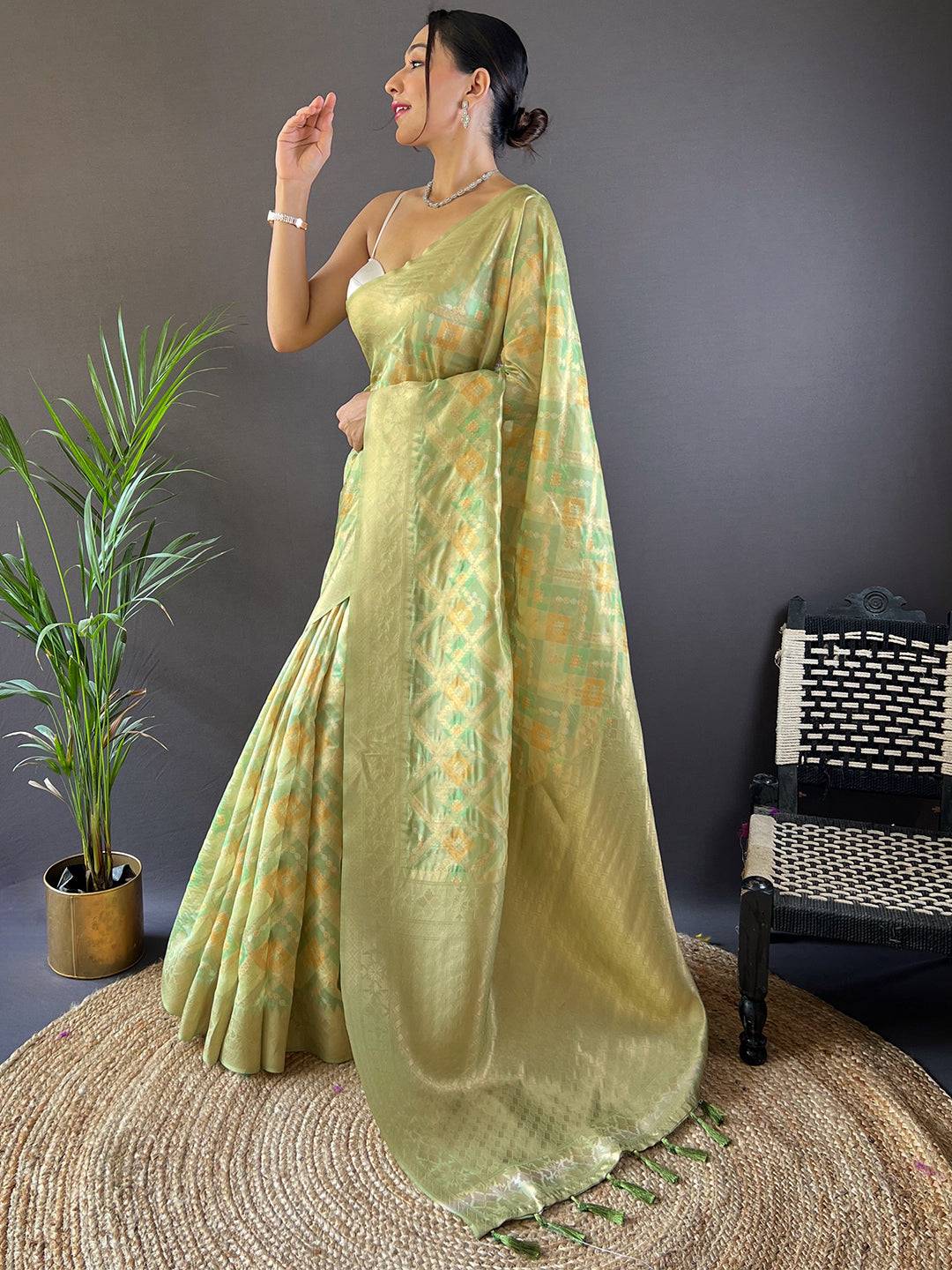 Elegant Tulipa Green Colour Block Print Banarasi Saree display