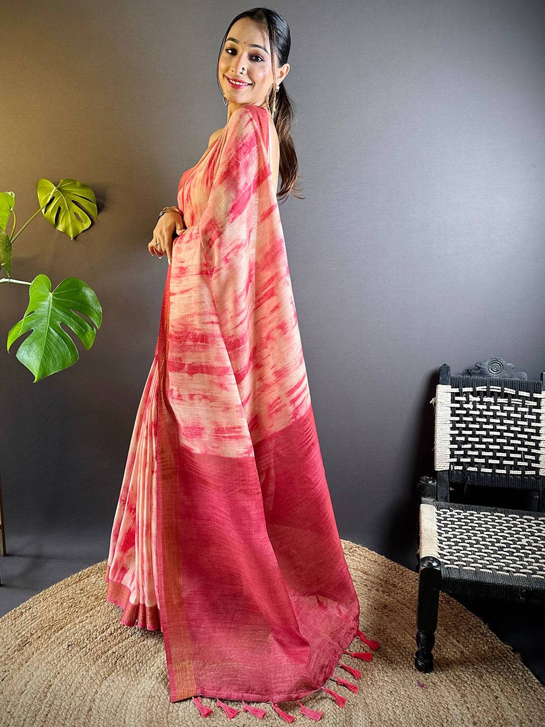 Blush Pink Shibori Print Linen Saree