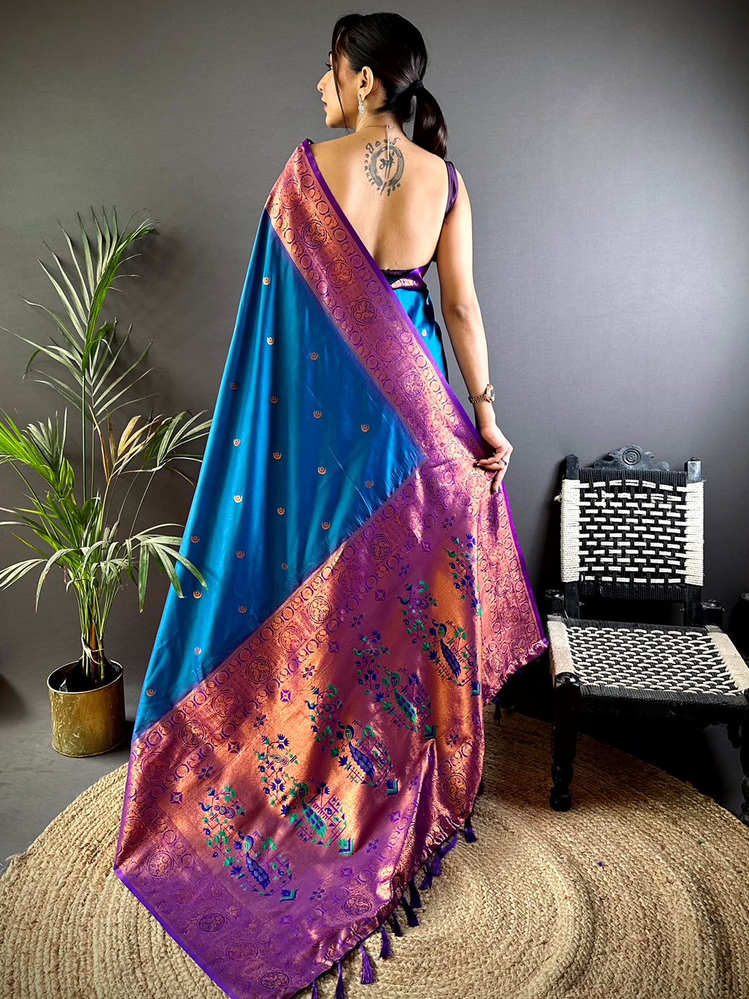 Blue Peacock Feather Paithani Soft Silk Saree