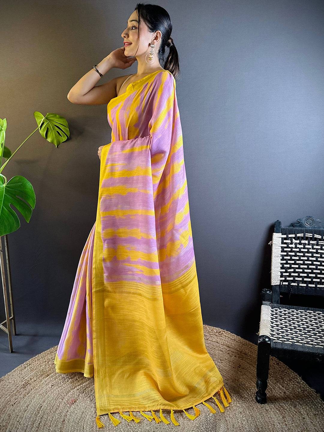 Lavender Shibori Print Linen Saree