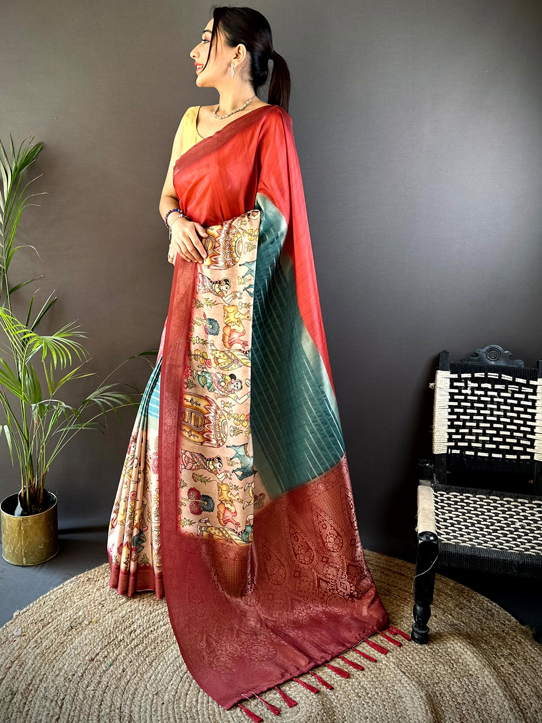 Rose Red Kalamkari Ombre Soft Silk Saree