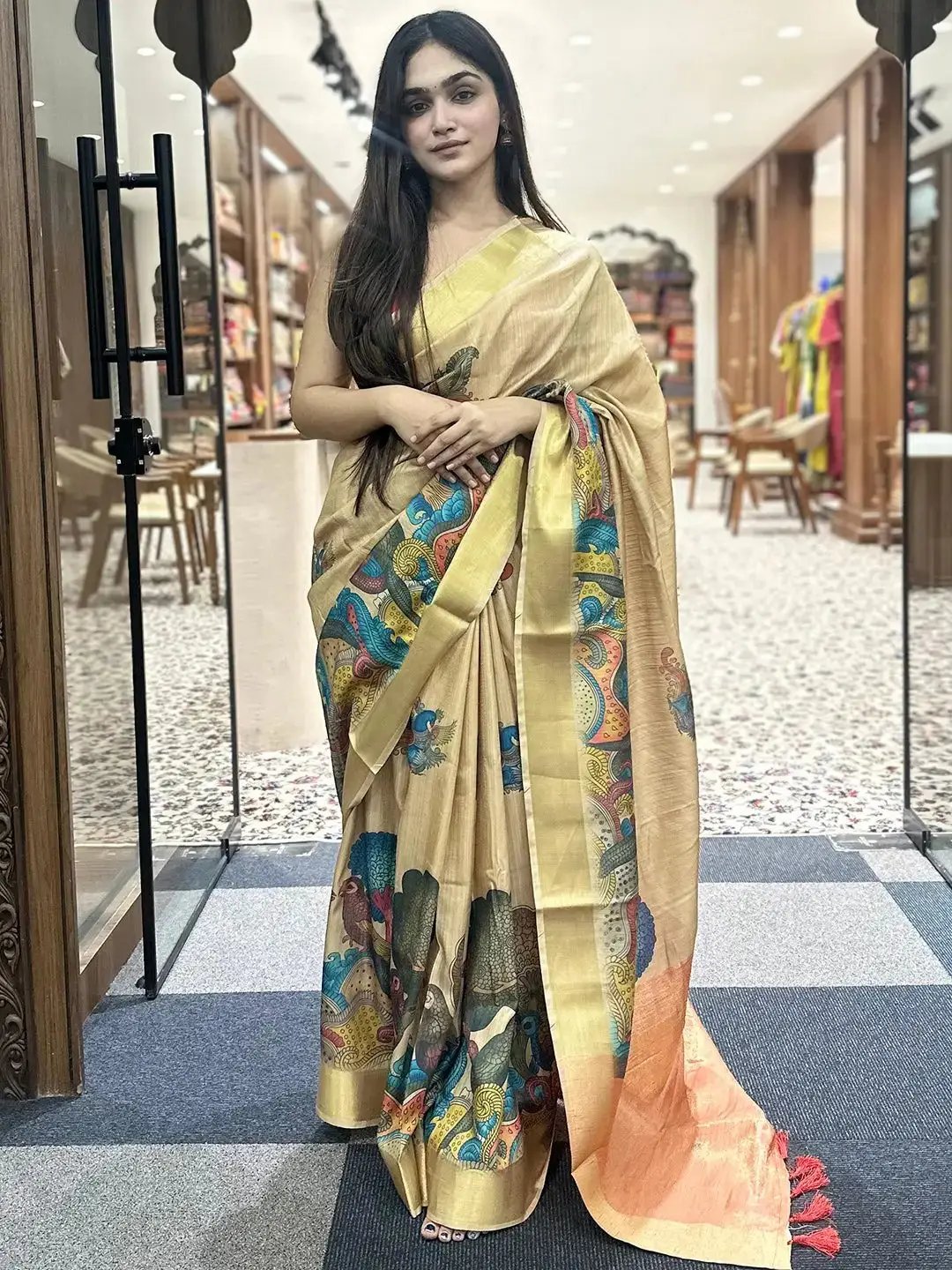 Buy KIWIE Light Blue Linen Cotton Kalamkari Digital Printed Saree With  Blouse Piece (Digital-Light Blue) at Amazon.in