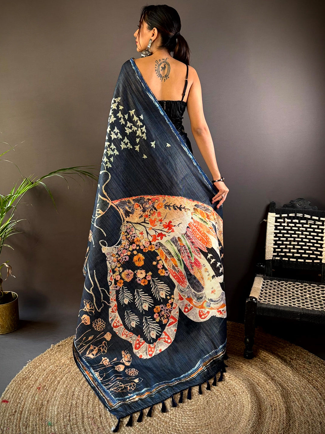 Deep Teal Monochromatic Botanical Print Saree