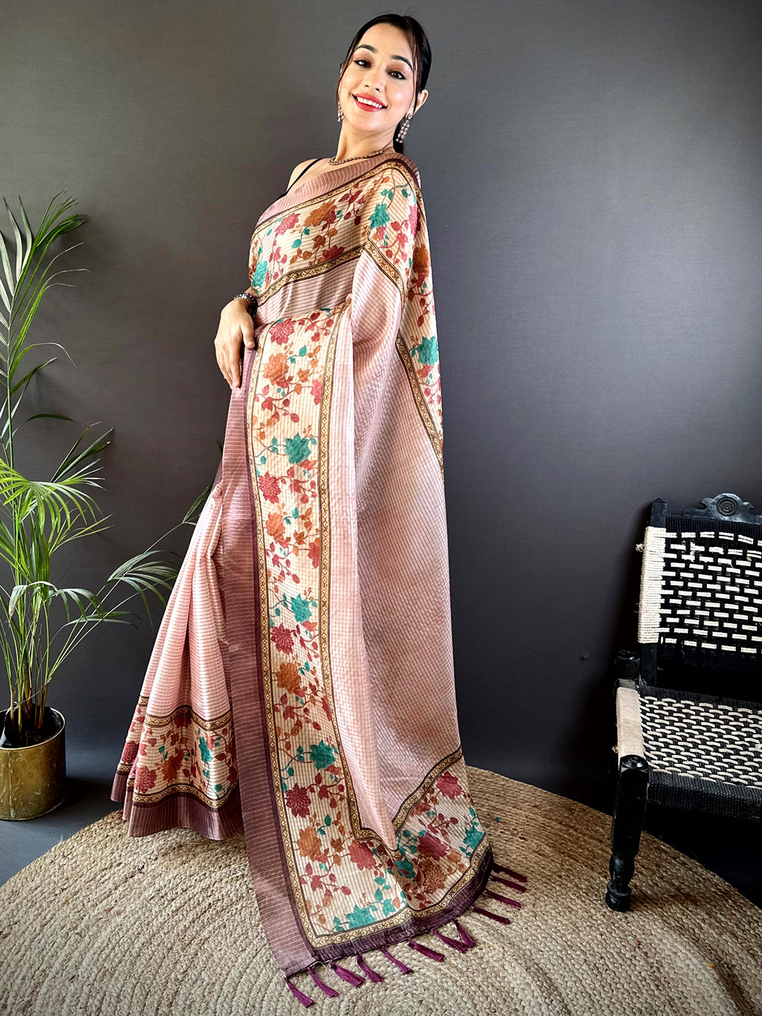 Baby Pink Soft Silk Floral Digital Saree