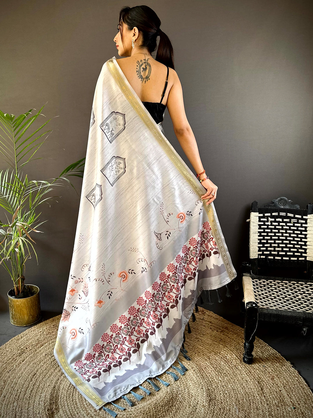 Grey Forest Phulkari Kalamkari Print Saree