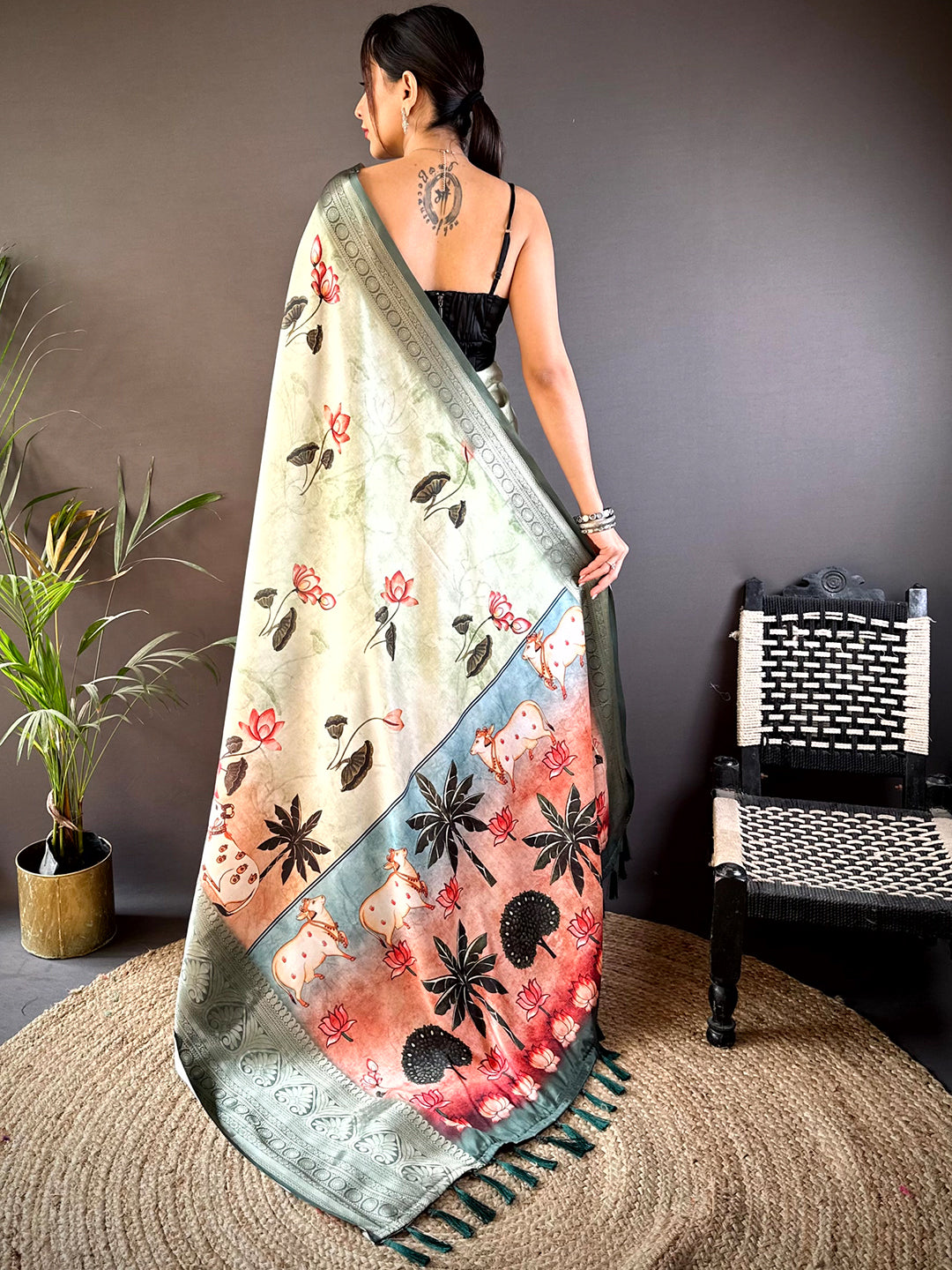 Pista Pichwai Print Soft Silk Saree