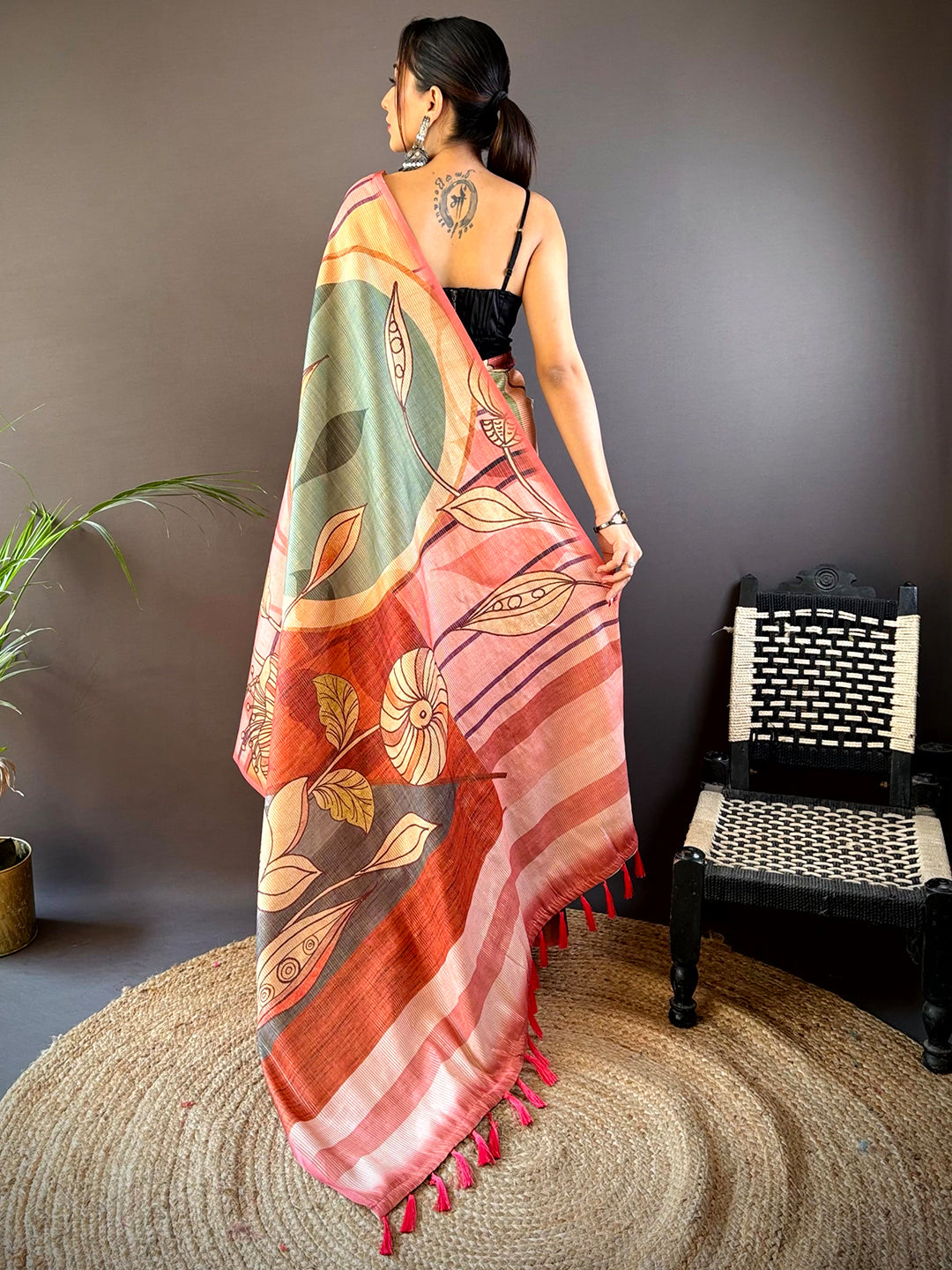 Back view of Rose Pink Zari Tussar Saree with floral print