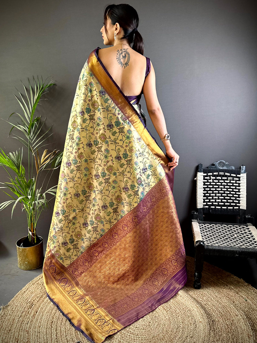 Graceful Brown Butterfly Floral Dharmavaram Saree