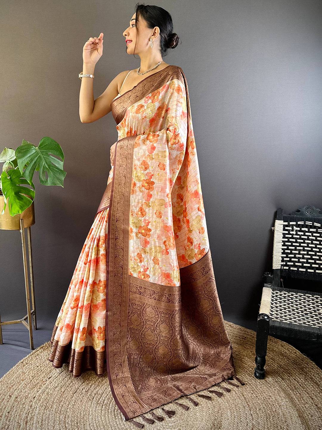 Sunset Orange Floral Saree