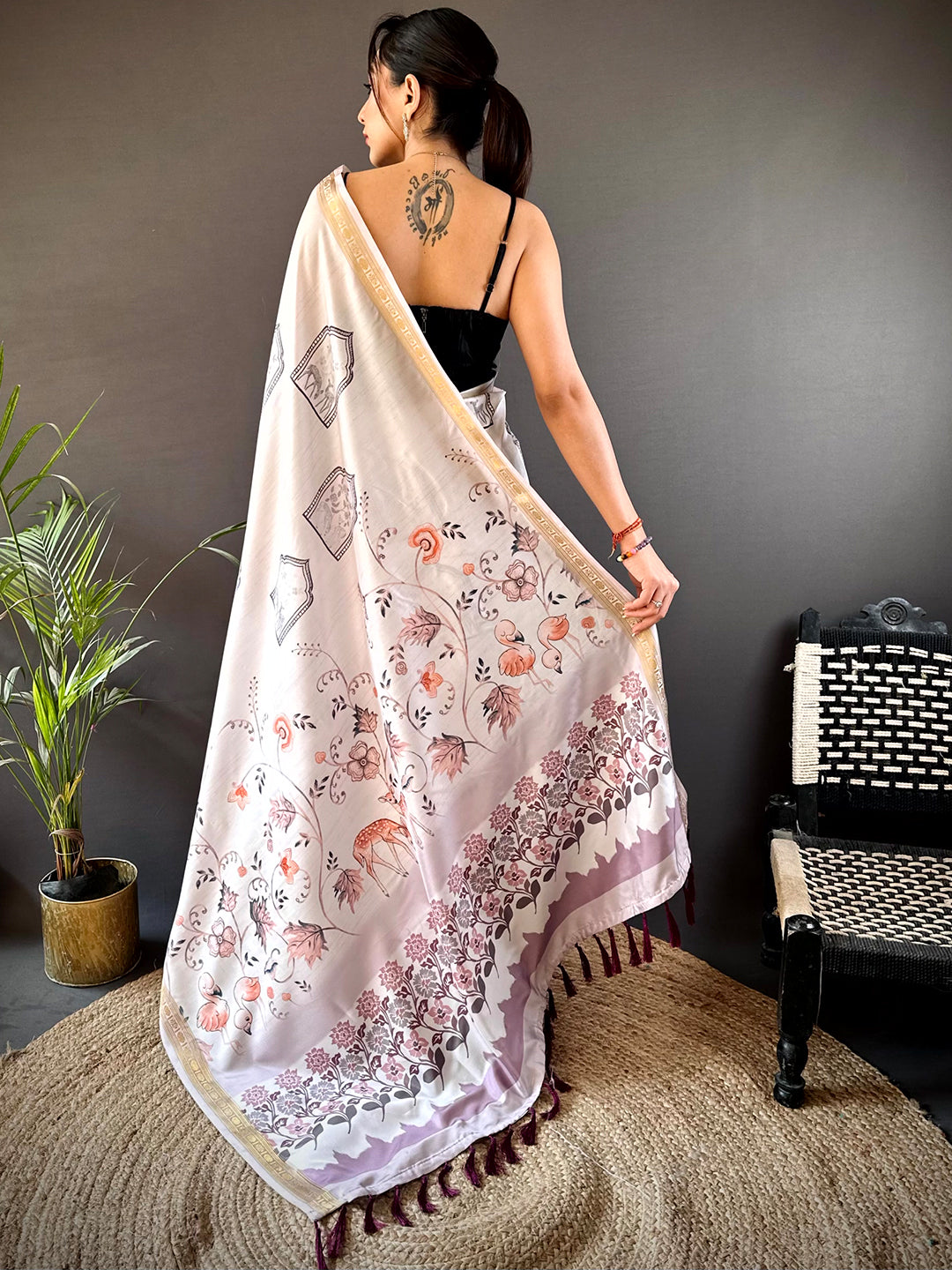 Lavender Forest Phulkari Kalamkari Print Saree