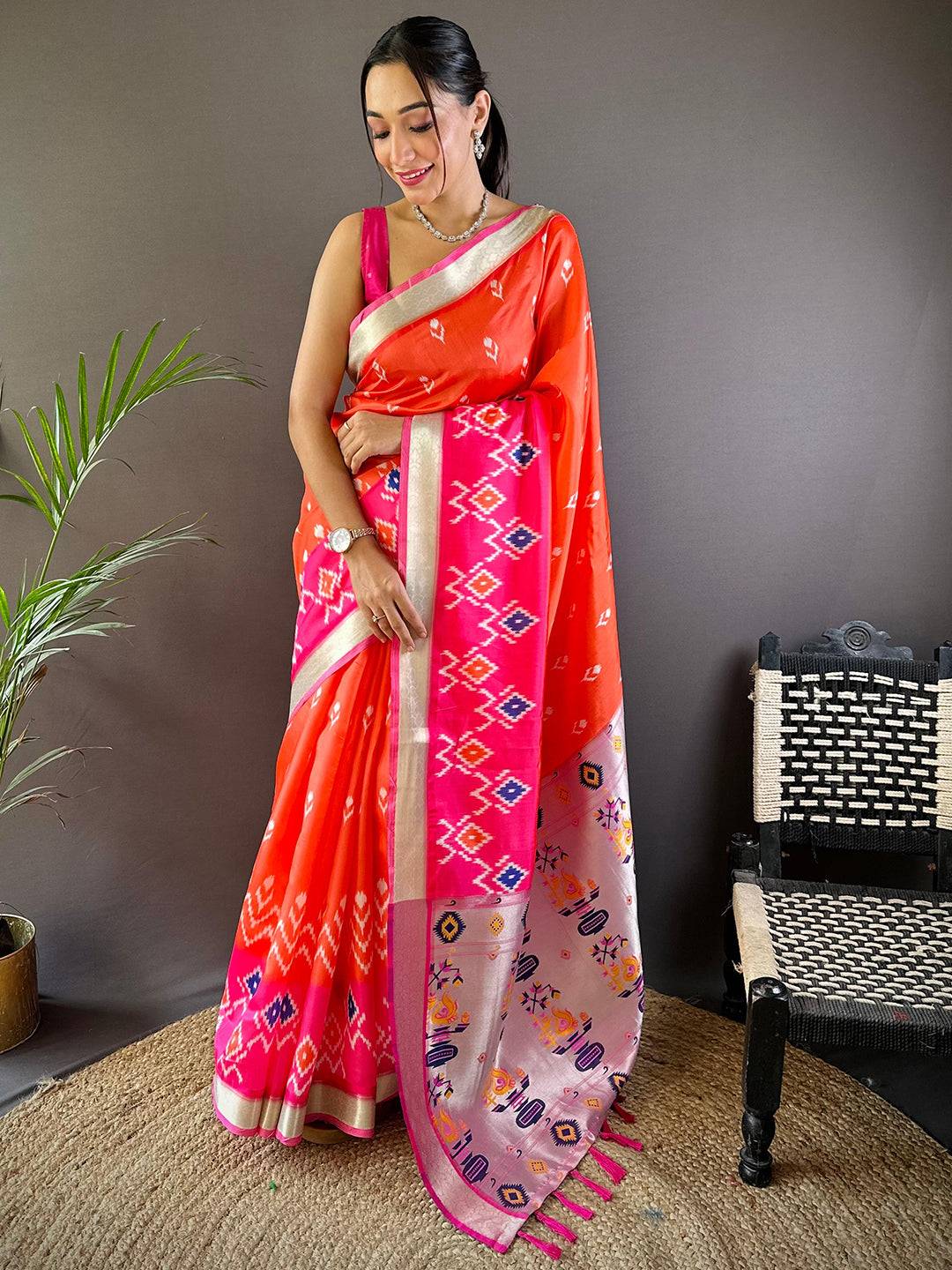 Orange Ikkat Paithani Soft Silk Saree