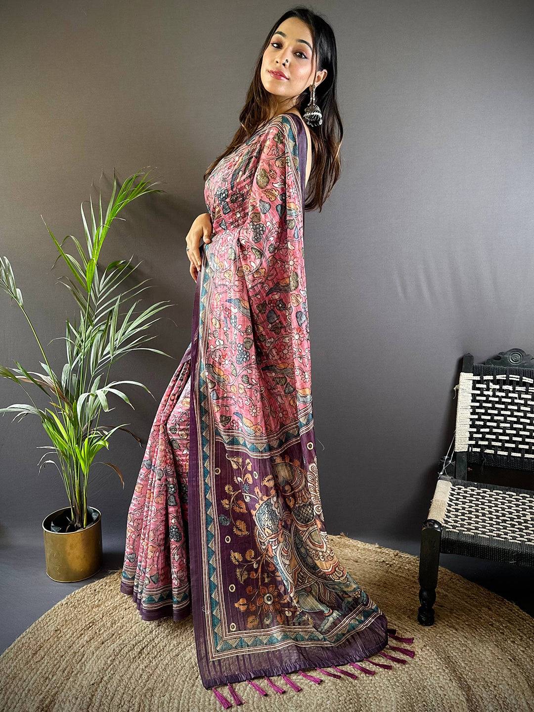 Pink Kalamkari Stripes Chanderi Saree