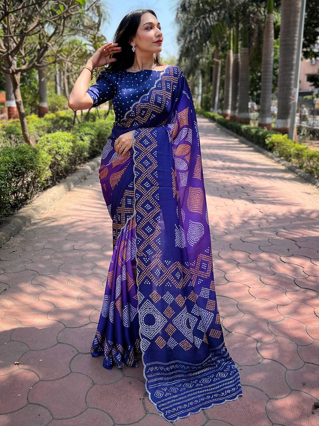 Georgette Silk Saree with Ombre Bandhej Print & Stone Work