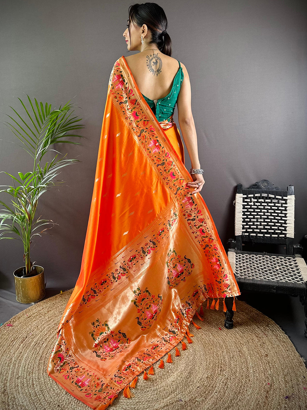 Orange Yevla Paithani Meenakari Saree