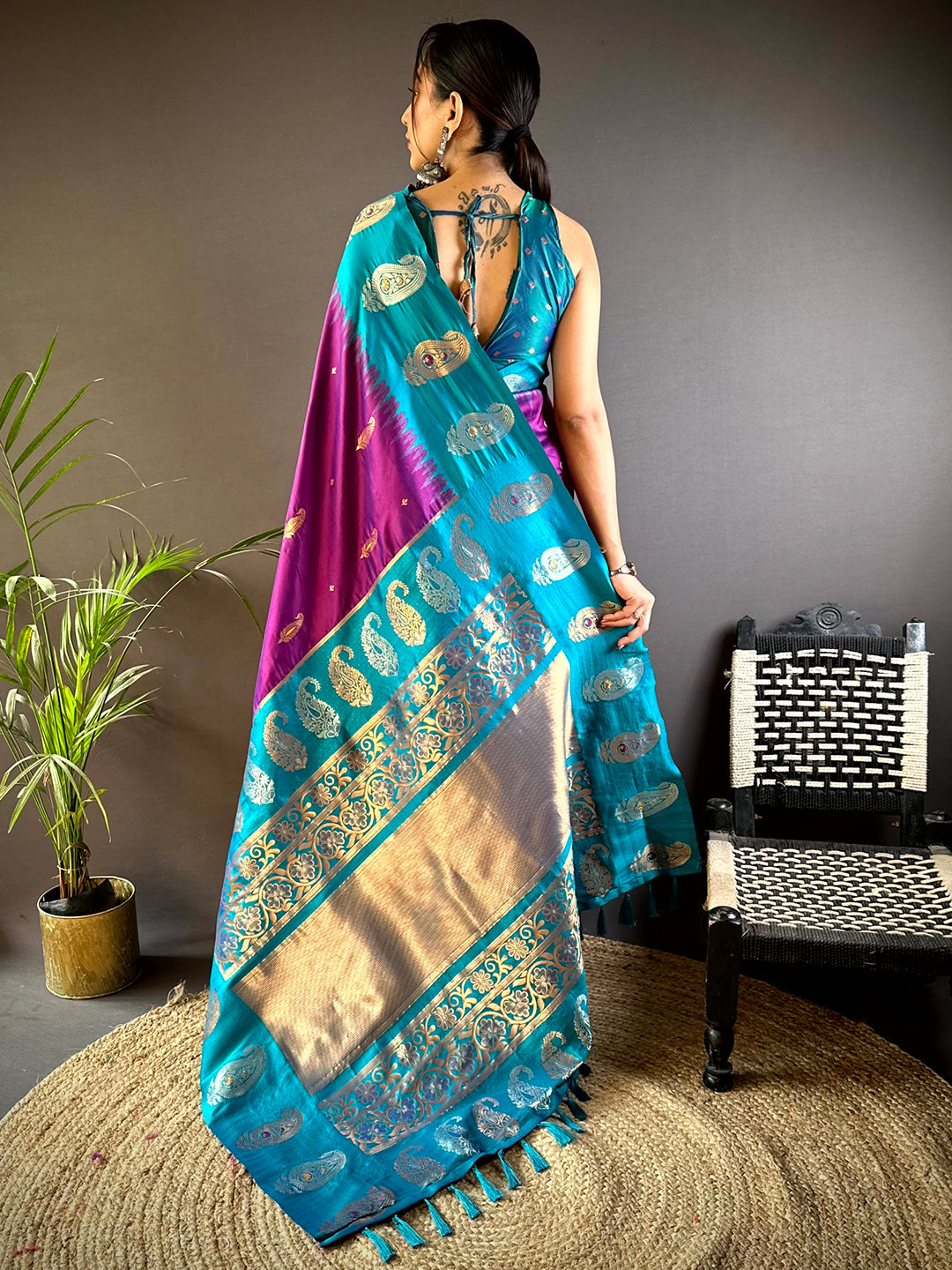 Wine Mango Butti Soft Silk Saree