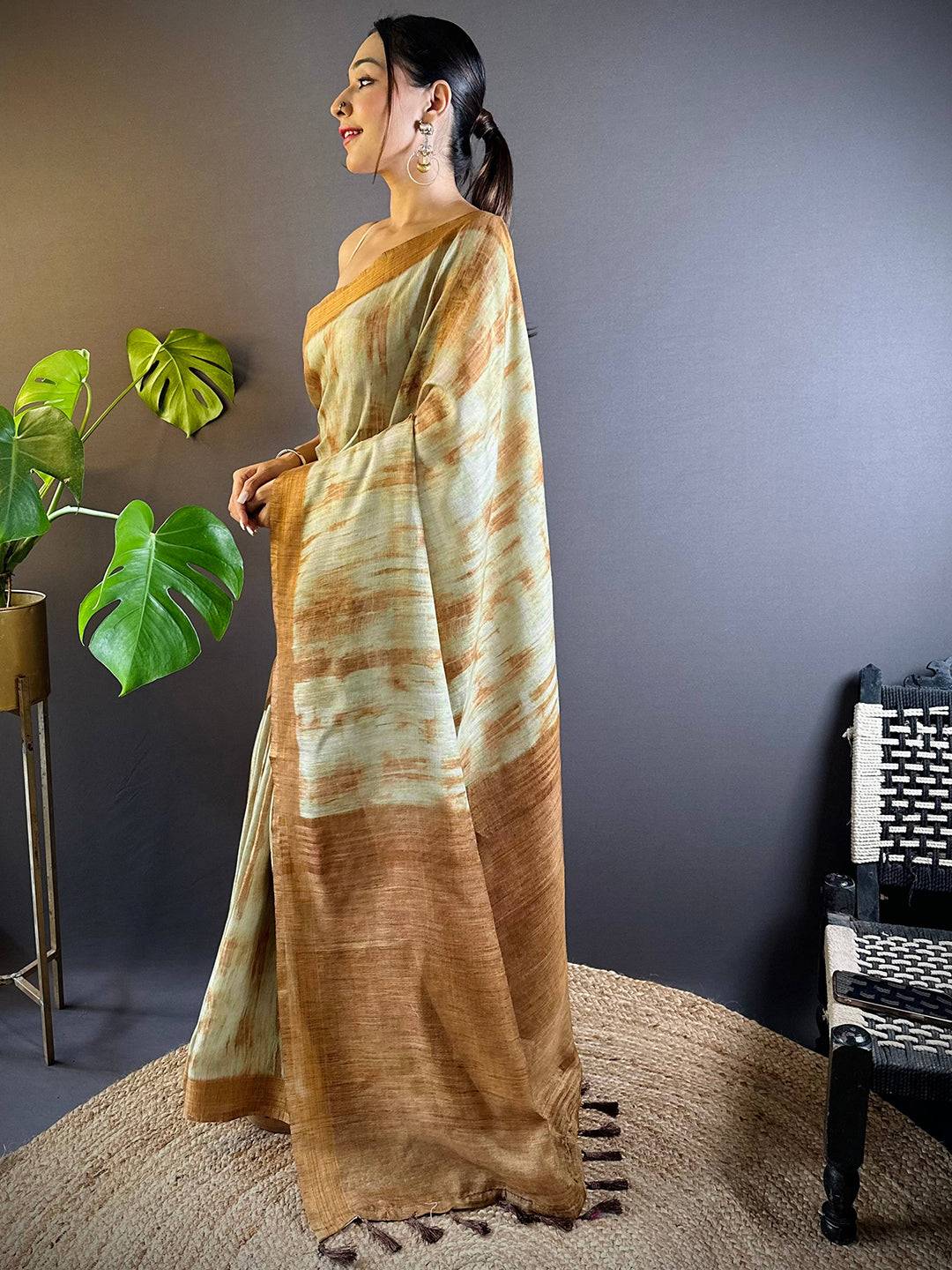 Dusty Green Shibori Print Linen Saree