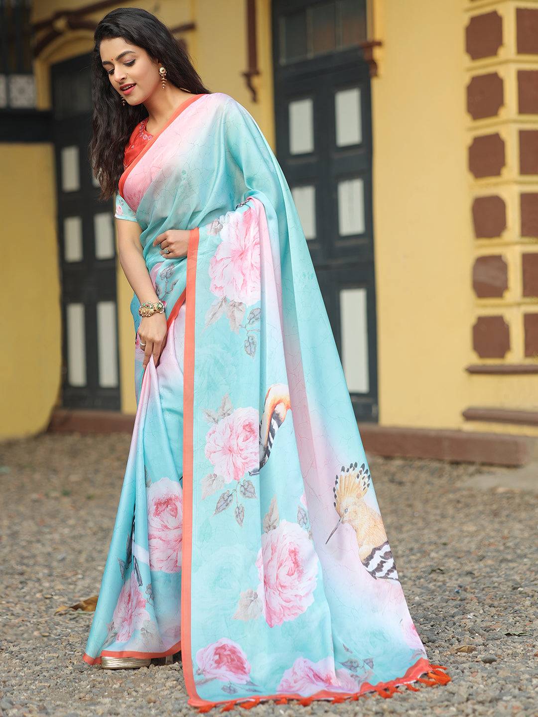 Stylish Satin Georgette Light Green Colour Hand Print Saree